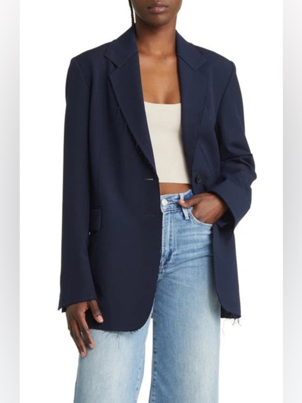 FRAME Oversize Raw Edge Blazer In Navy- Women's Jacket